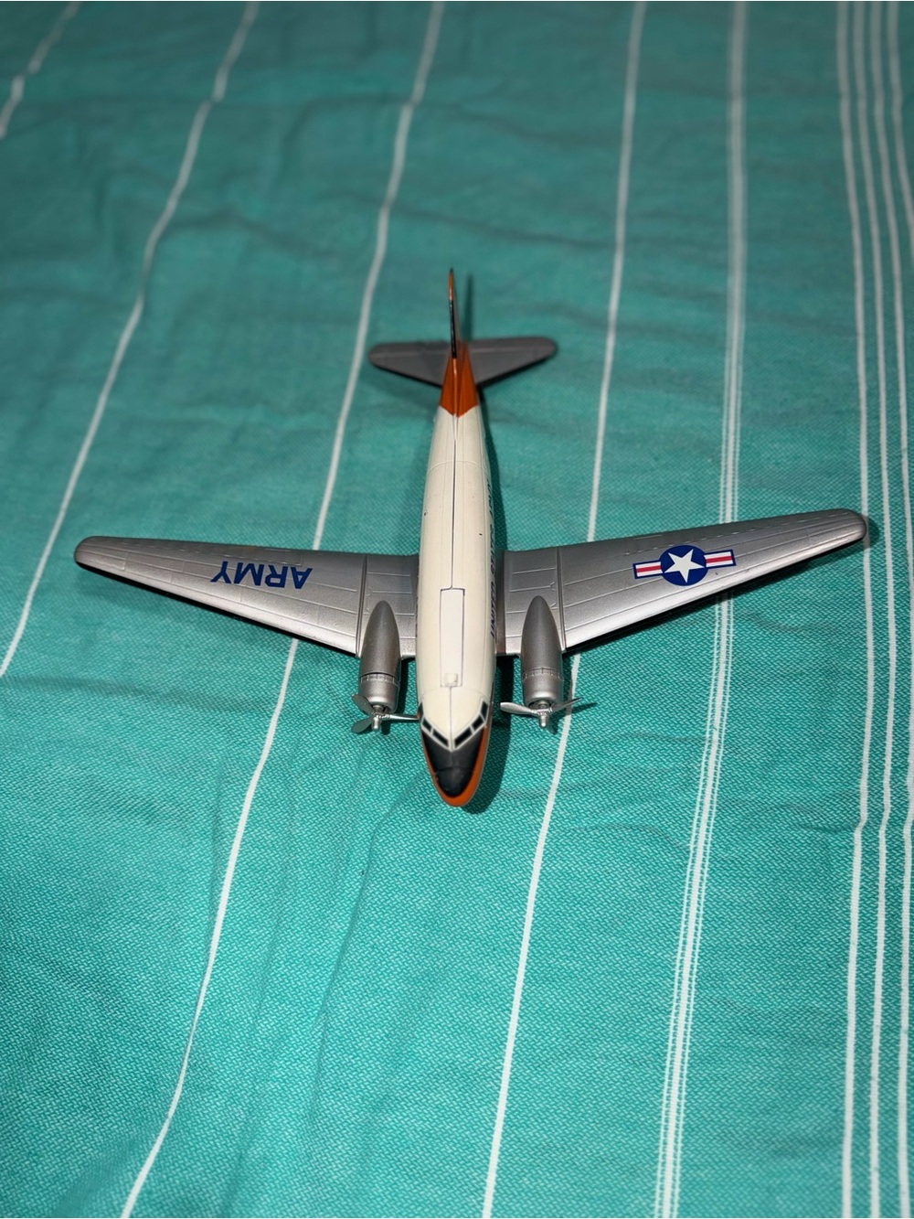 Diecast Military Transport Airplane Model in Silver and Cream